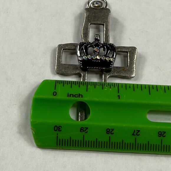 Silver Tone Metal Cross Pendant With Rhinestone Crown Embellishment for Necklace - Picture 3 of 15
